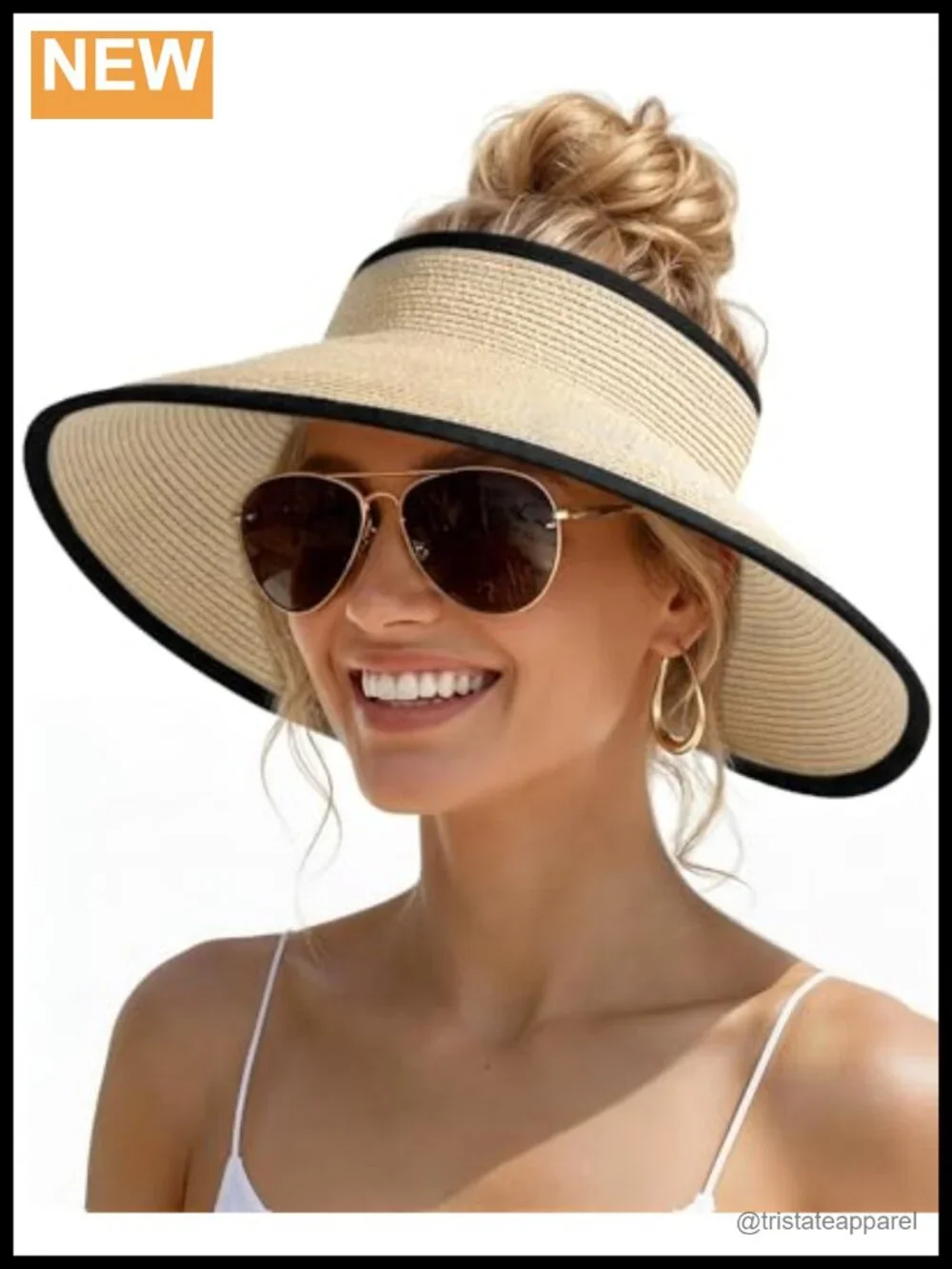 Wide Brim Straw Sun Visor Hat UPF 50+ Ponytail Packable Beach Travel